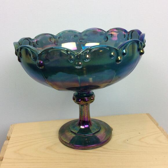 Unknown Other - Indiana Glass LG Pedestal Bowl Carnival Glass Peacock Blue Garland Iridescent